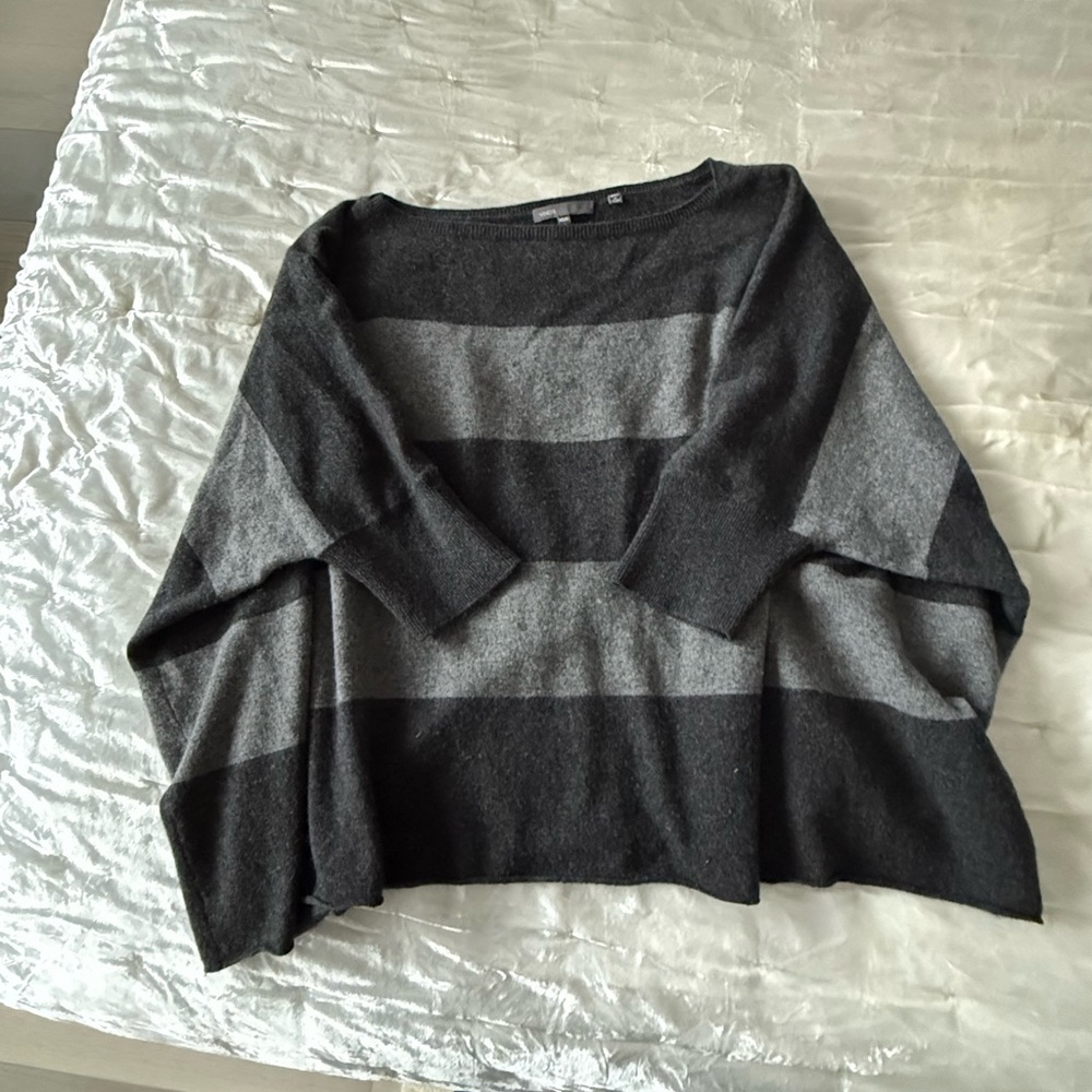 Vince Charcoal and Light Gray Striped Cashmere Short Sleeve Sweater
